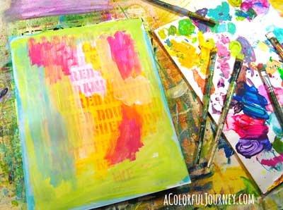 Step by step art journaling a stenciled face with a big Oops with a BIG message