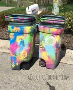 Spray painting a trash can with chalk paint and stencils with Carolyn Dube