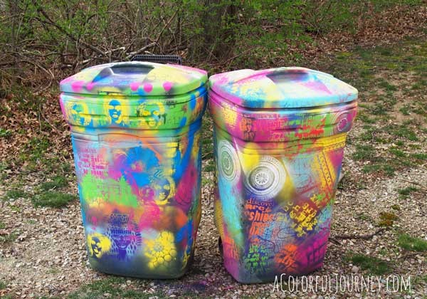 Spray painting a trash can with chalk paint and stencils with Carolyn Dube