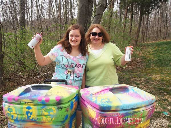 Spray painting a trash can with chalk paint and stencils with Carolyn Dube