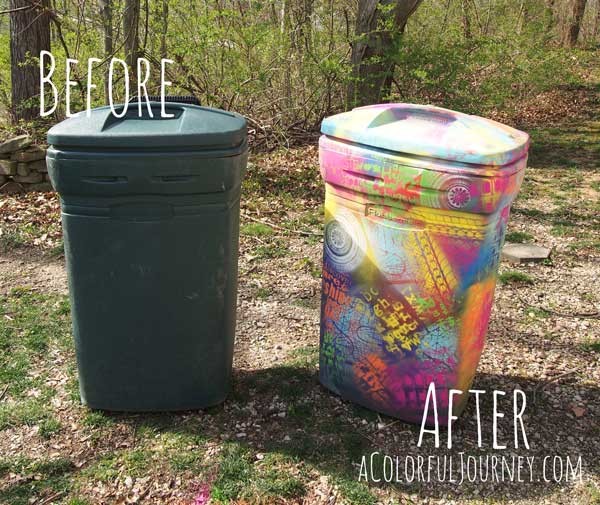 Spray painting a trash can with chalk paint and stencils with Carolyn Dube