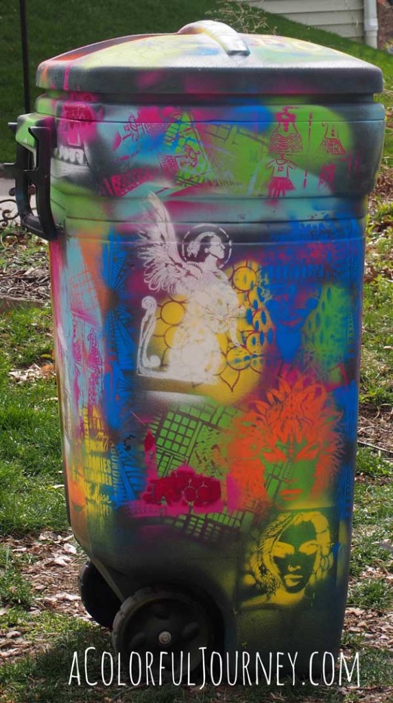 Spray painting a trash can with chalk paint and stencils with Carolyn Dube