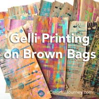A Gelli Plate® and stencils make plain brown bags colorful goodie bags