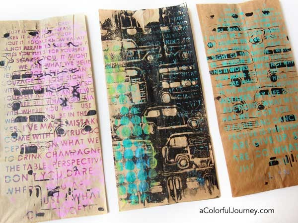 A Gelli Plate® and stencils make plain brown bags colorful goodie bags