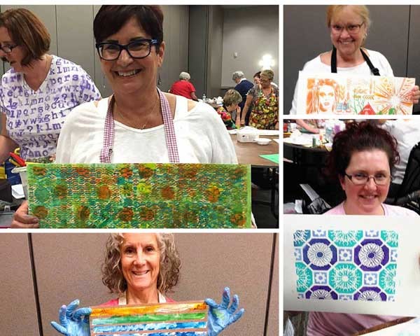 Stenciling and mixed media workshops with Carolyn Dube at Stampaway