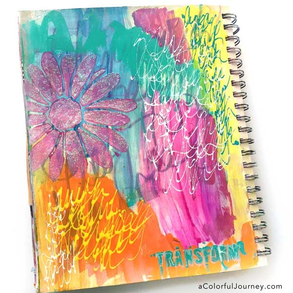 How to take an ugly art journal page and make it better with glitter and a stencil