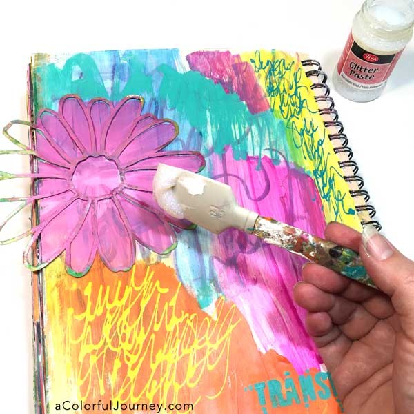 How to take an ugly art journal page and make it better with glitter and a stencil