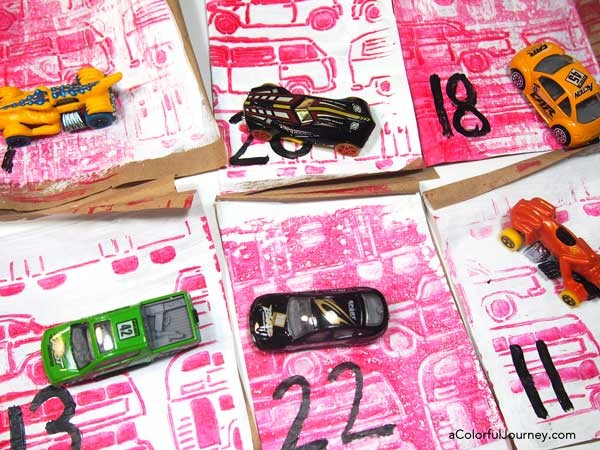 Video showing how to get use a Gelli Plate and a stencil to make wrapping paper and then create quick sewn pouches to wrap advent calendar gifts quickly!