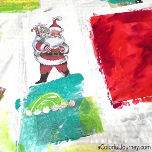 Using some of that cardboard all around and scraps on the counter, a very silly story involving eggs and Santa is revealed through art journaling play for the Let's Play link party!