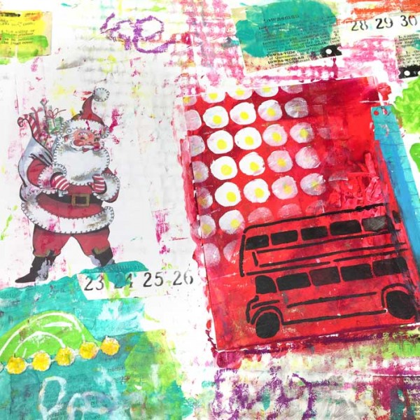 Using some of that cardboard all around and scraps on the counter, a very silly story involving eggs and Santa is revealed through art journaling play for the Let's Play link party! 