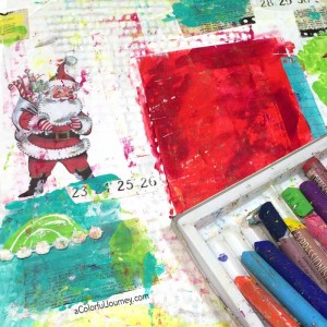 Using some of that cardboard all around and scraps on the counter, a very silly story involving eggs and Santa is revealed through art journaling play for the Let's Play link party! 