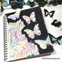 Video of colorful scribbling, used as her morning pages, is transformed with a butterfly stencil and paint.
