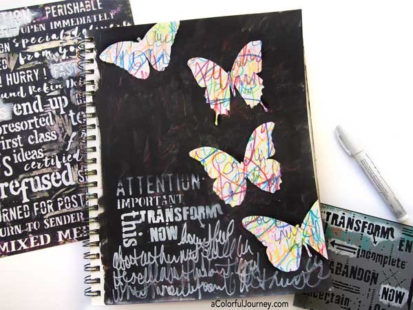 Video of colorful scribbling, used as her morning pages, is transformed with a butterfly stencil and paint.