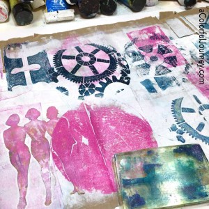 Video showing how the layers built up with gelli printing® and mask on a paper bag for the Let's Play link party