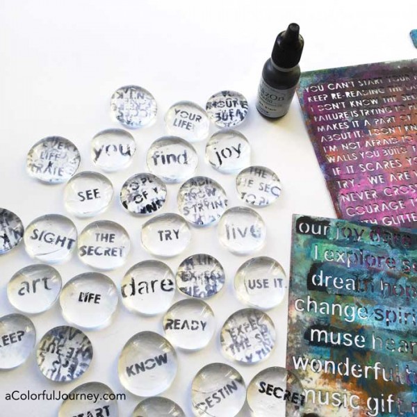 Video showing how to use a stencil to make word pebbles with Gelli printed® papers for the Let's Play link party