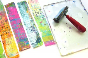 Making jewelry with Gelli printed® packing tape workshop with Carolyn Dube