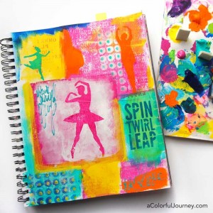 Video tutorial sharing how to use masks and stencils to make a colorful art journal page by Carolyn Dube