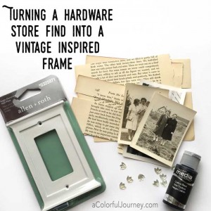 Video sharing how a hardware store switch plate can become a vintage inspired frame or shrine for this week's Let's Play link party with Carolyn Dube
