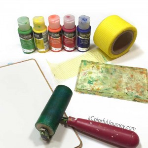 Video sharing how to use mesh from the hardware store as a texture tool on the Gelli plate® to create a background for a very silly art journal page for this week's Let's Play link party by Carolyn Dube