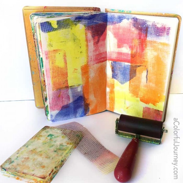 Video sharing how to use mesh from the hardware store as a texture tool on the Gelli plate® to create a background for a very silly art journal page for this week's Let's Play link party by Carolyn Dube