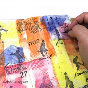 Video sharing how to use mesh from the hardware store as a texture tool on the Gelli plate® to create a background for a very silly art journal page for this week's Let's Play link party by Carolyn Dube
