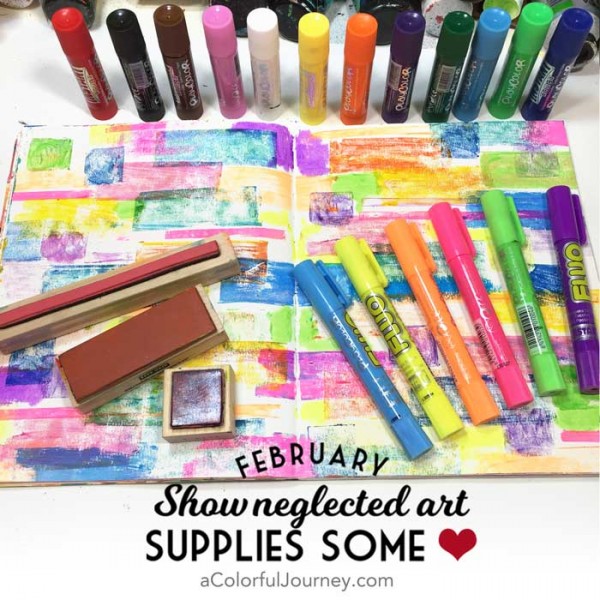Video tutorial using playcolor paint sticks with rubber stamps to make an art journal background for this week's Let's Play link party!