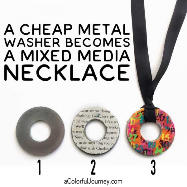 Video sharing how to turn a cheap metal washer into a mixed media necklace for this week's Let's Play link party by Carolyn Dube