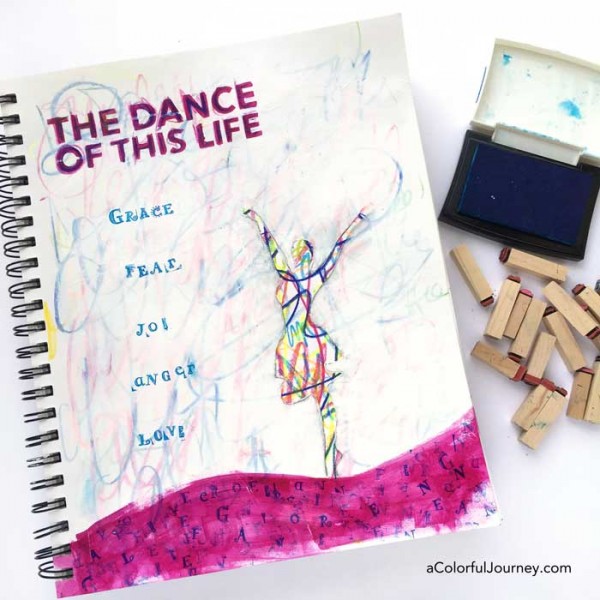 Video sharing how to build an art journal page with scribbled feelings and stenciling with Carolyn Dube