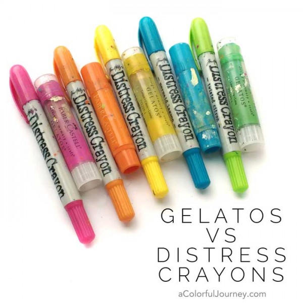 Video comparing distress crayons and gelatos in an art journal with Carolyn Dube