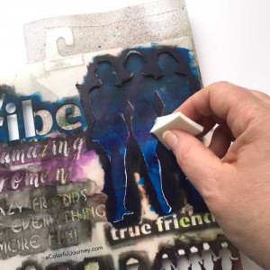 Stenciling the cover of an art journal with silhouettes by Carolyn Dube