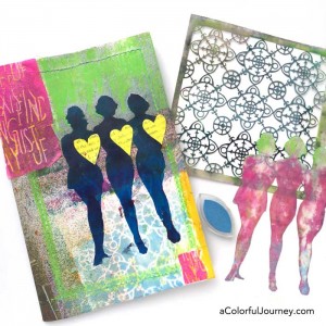Stenciling the cover of an art journal with silhouettes by Carolyn Dube