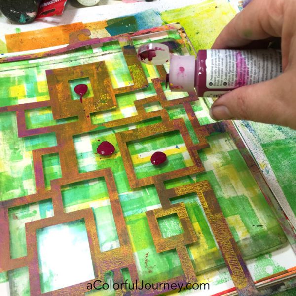 Gel printing with stencils tutorial sharing how to build up layers in an art journal by Carolyn Dube