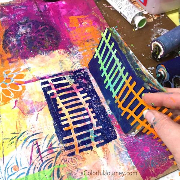 Using a gel plate, stencils, and a paper bag to make a giant piece of colorful paper