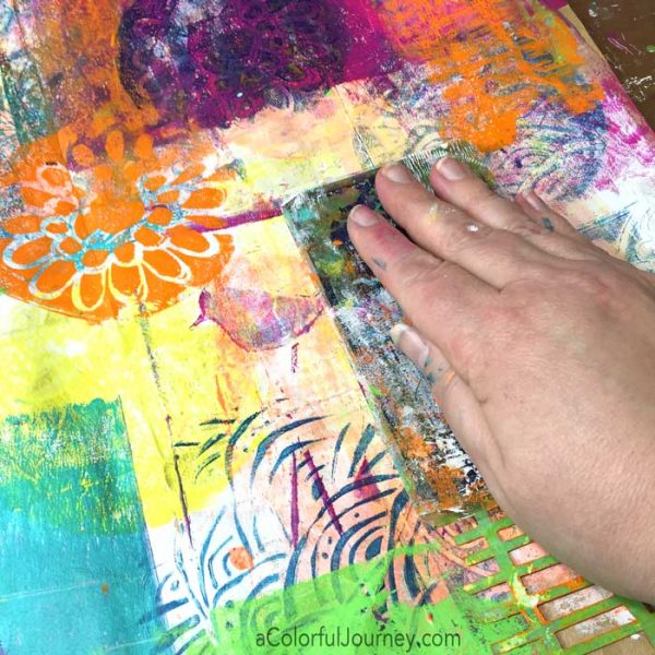 Using a gel plate, stencils, and a paper bag to make a giant piece of colorful paper