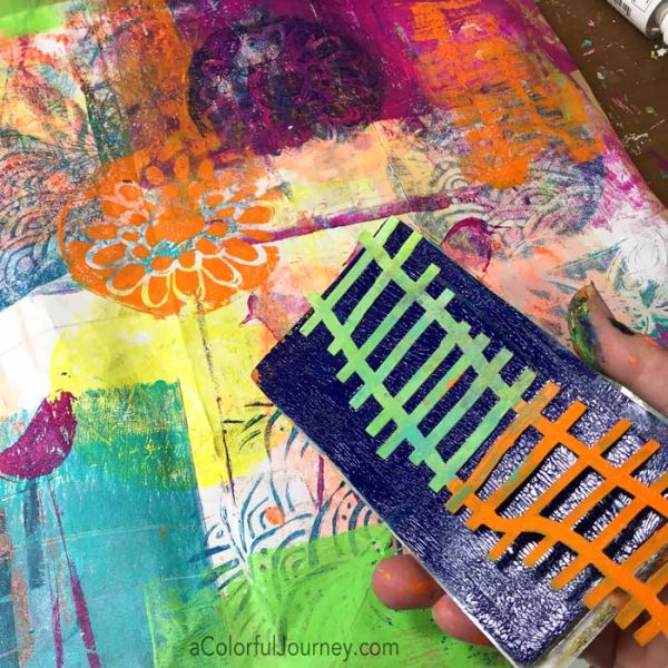 Using a gel plate, stencils, and a paper bag to make a giant piece of colorful paper