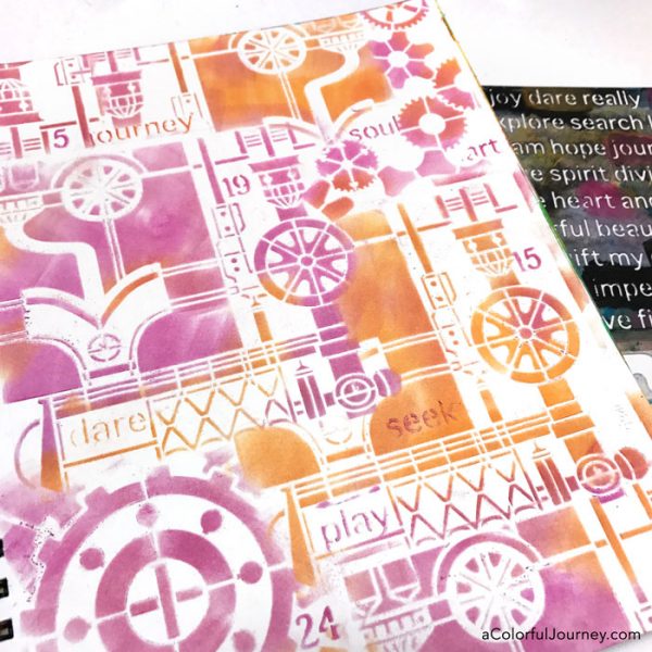 How to Seal PanPastels with a Gel Press Plate on a Steampunk stenciled art journal page!