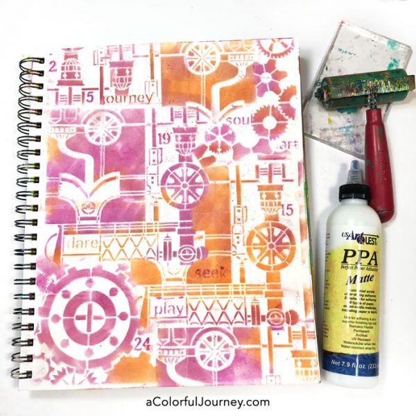 How to Seal PanPastels with a Gel Press Plate on a Steampunk stenciled art journal page!