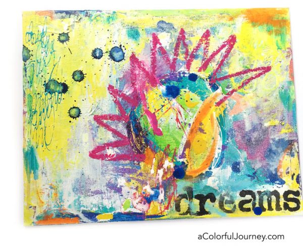 Colorful mixed media play by Carolyn Dube