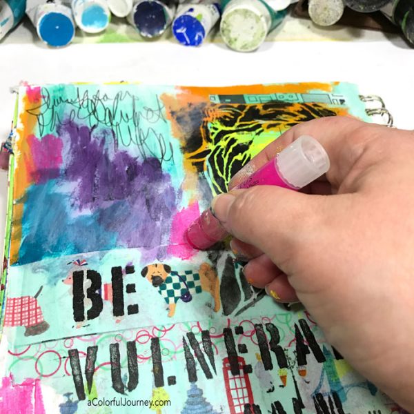 Using washi tape and stencils and an OOPS to build an art journal page tutorial by Carolyn Dube