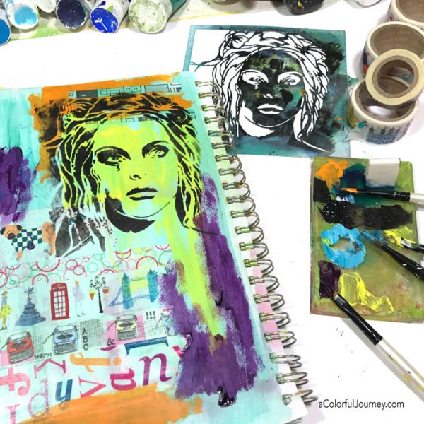 Using washi tape and stencils and an OOPS to build an art journal page tutorial by Carolyn Dube