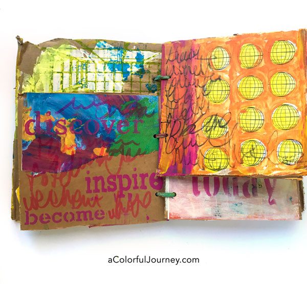 Playing in a cardboard art journal with color and pattern video tutorial by Carolyn Dube