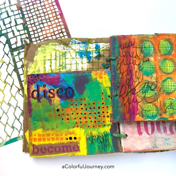 Playing in a cardboard art journal with color and pattern video tutorial by Carolyn Dube