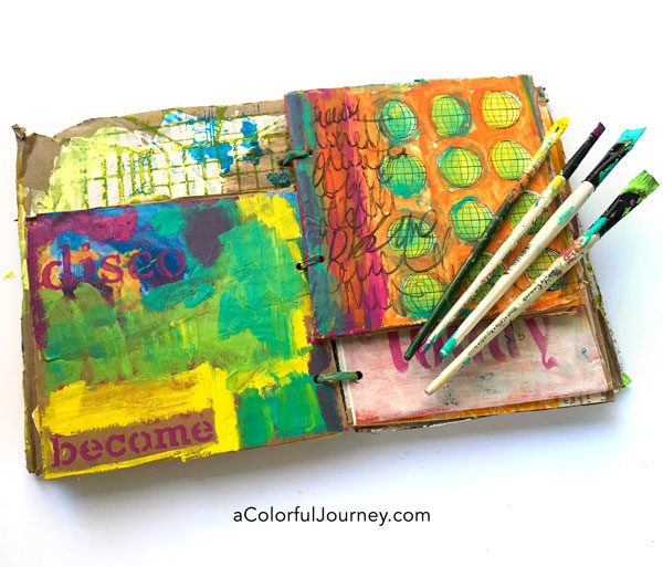 Playing in a cardboard art journal with color and pattern video tutorial by Carolyn Dube