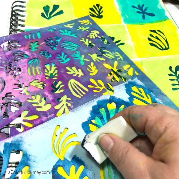 Using a gel plate to make a grid inspired by Matisse's cut outs tutorial by Carolyn Dube