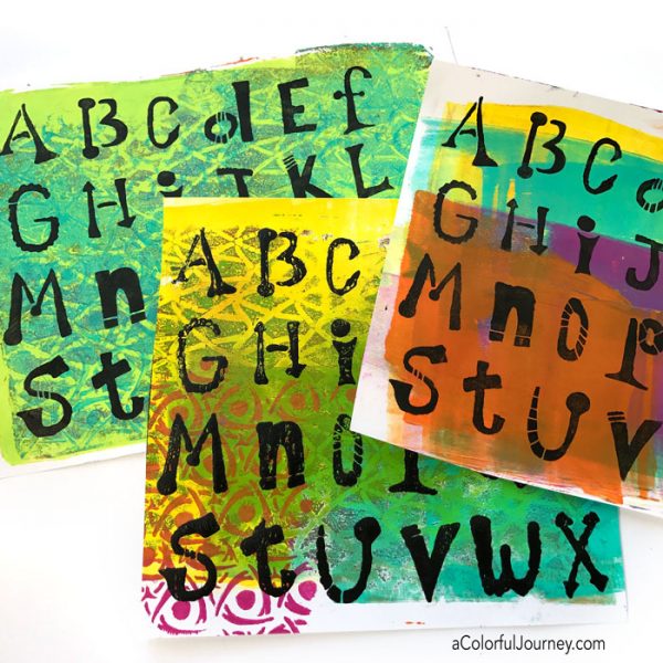 Cardmaking using gel prints and an alphabet stencil tutorial by Carolyn Dube