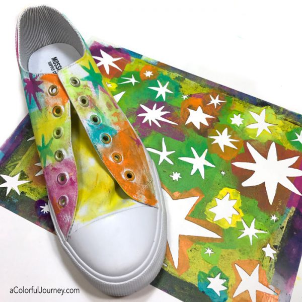 Using a gel plate and a stencil to make rainbow sneakers tutorial by Carolyn Dube