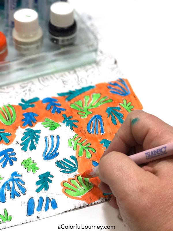 Coloring in Cutouts Inspired by Matisse with Fantastix creating colorful patterned paper by Carolyn Dube