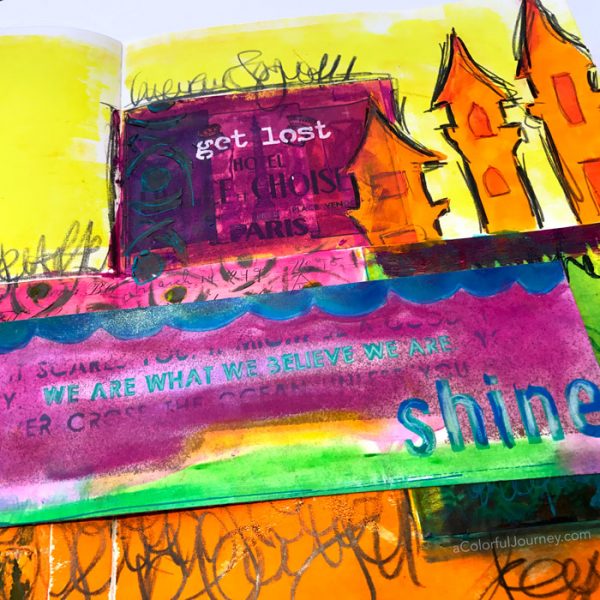 Getting lost in my art journal with color, Gelatos, stencils, and collage by Carolyn Dube