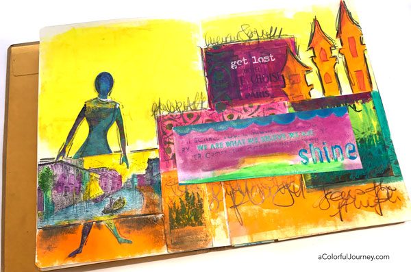 Getting lost in my art journal with color, Gelatos, stencils, and collage by Carolyn Dube