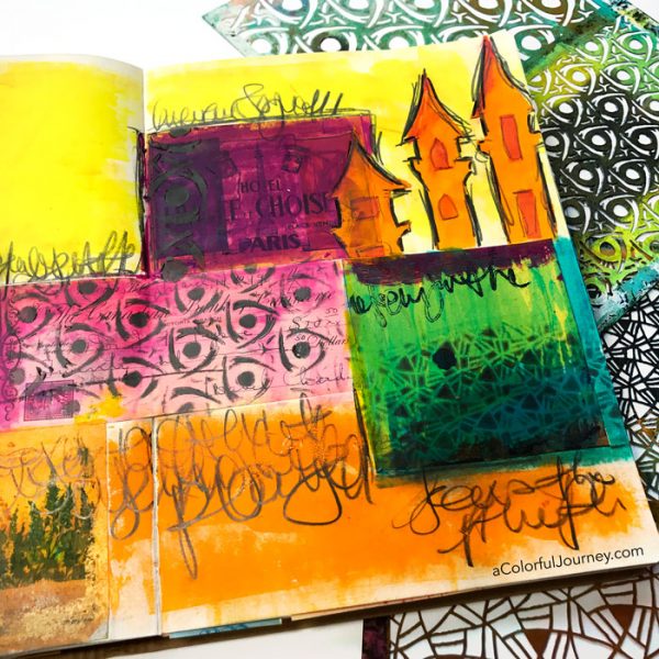 Getting lost in my art journal with color, Gelatos, stencils, and collage by Carolyn Dube